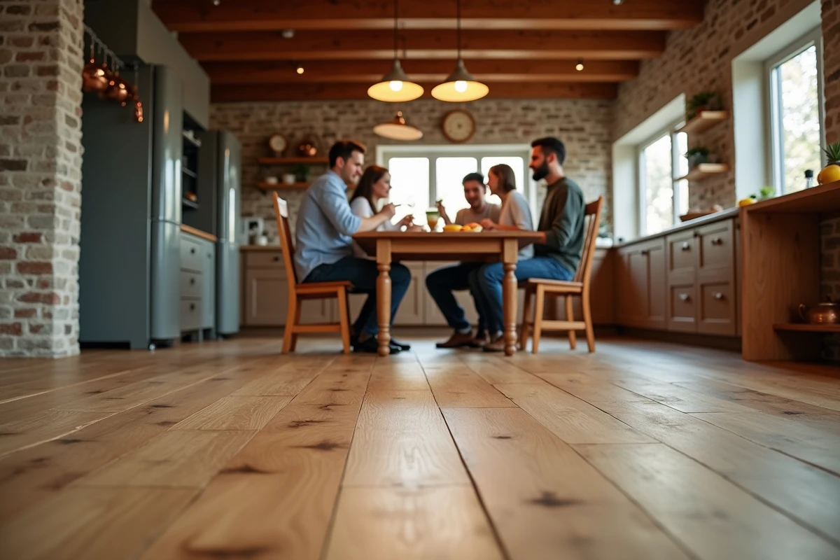 Famille réunie dans une cuisine avec parquet en noyer en chevrons résistant aux rayures