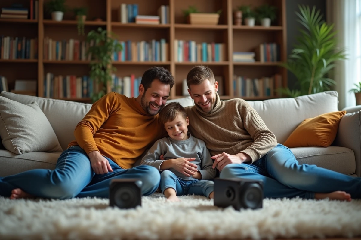 Famille souriante écoutant de la musique avec enceintes