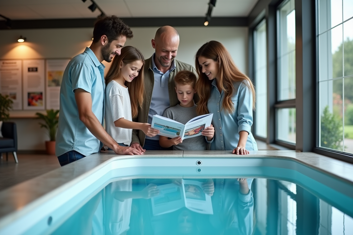 Famille examinant un modèle de piscine dans un showroom
