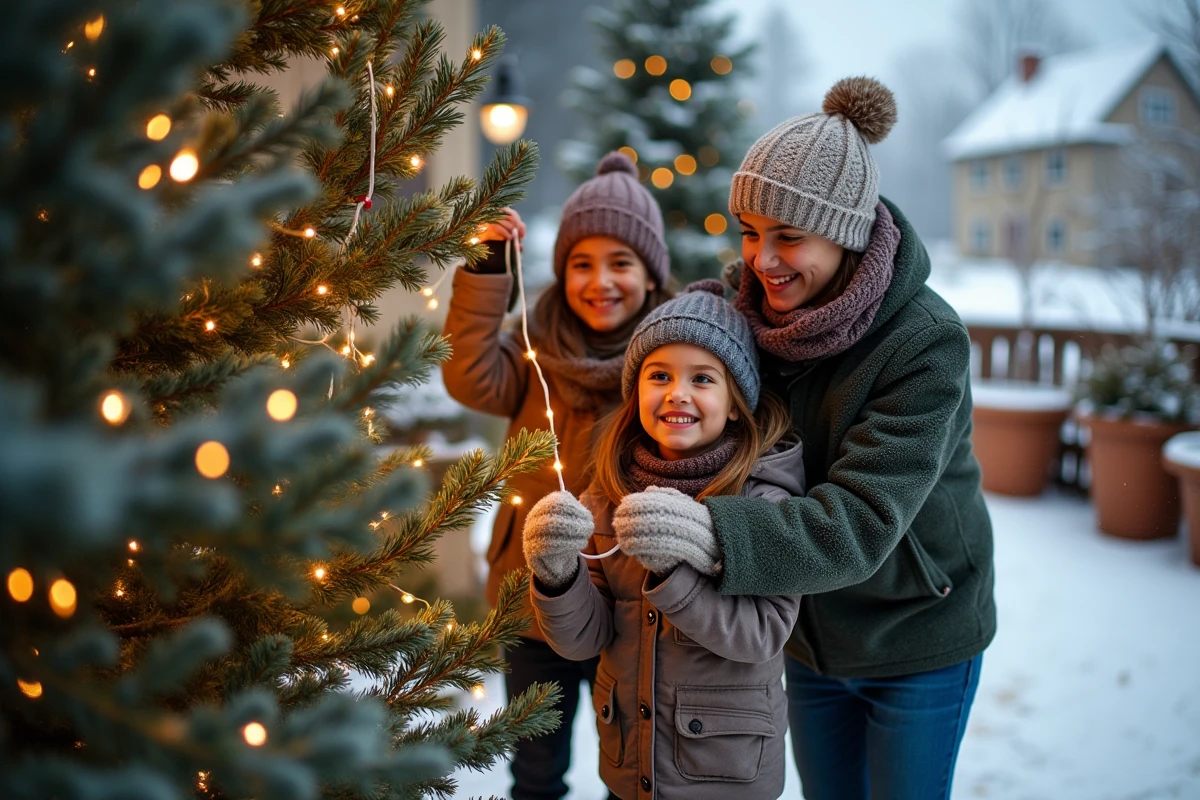 Famille décorant un sapin extérieur en hiver