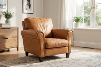 Fauteuil en cuir repeint dans un salon lumineux