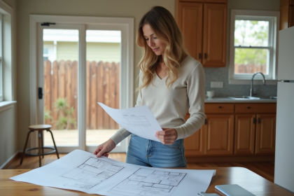 Femme d'âge moyen étudiant des plans architecturaux à la maison
