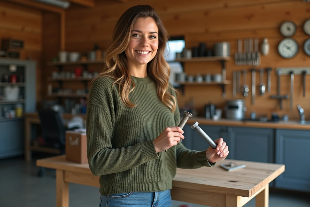 Jeune femme tourne un boulon dans un atelier lumineux