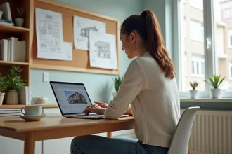 Femme concentrée sur un logiciel de design 3D dans un bureau lumineux
