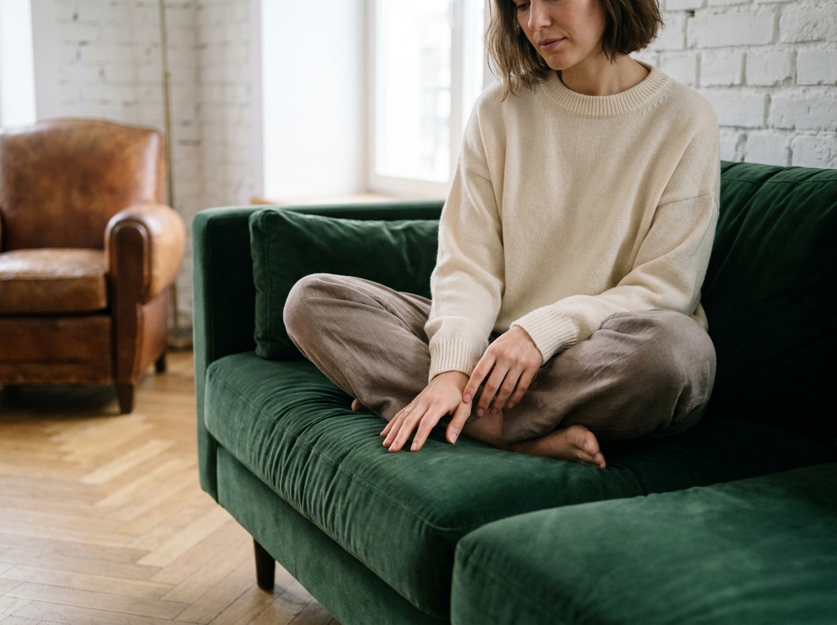 Femme assise sur un canapé en velours vert forêt touchant le tissu dans un appartement rénové au parquet en chevrons