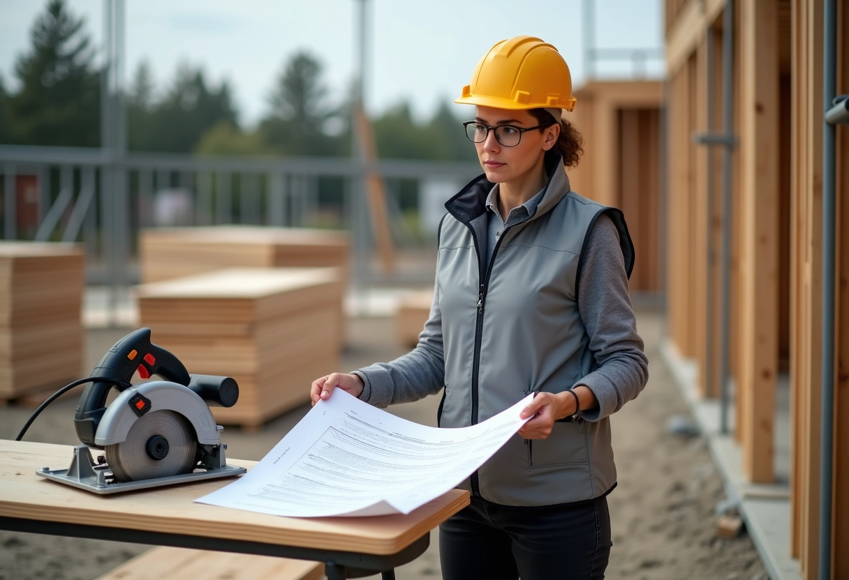 Femme en vest de chantier consulte un plan sur un site extérieur