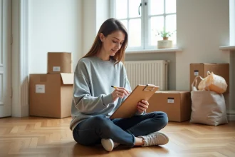 Femme assise sur le parquet d'un appartement vide entourée de cartons de déménagement, consultant une checklist sur un clipboard