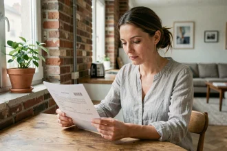 Femme consultant son contrat d'assurance habitation Macif à la table de sa cuisine dans un appartement moderne