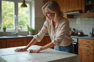 Femme essuyant une nappe en PVC dans une cuisine chaleureuse