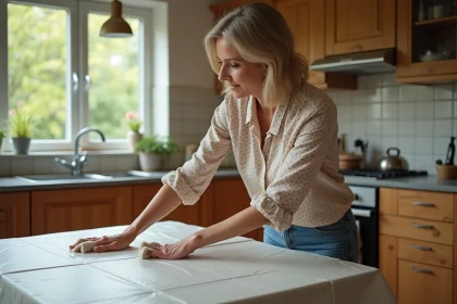 Femme essuyant une nappe en PVC dans une cuisine chaleureuse