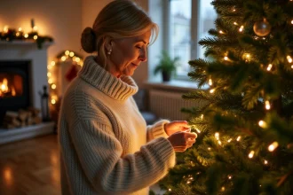 Femme décorant un sapin de Noël écologique à la maison