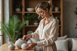 Femme élégante arrangeant des objets décoratifs dans un salon moderne