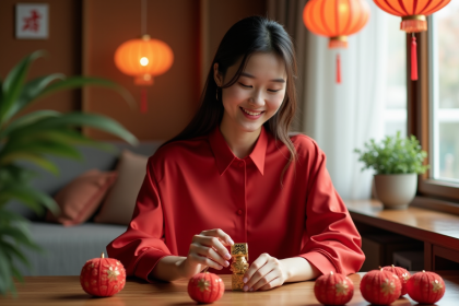 Femme souriante avec décorations du Nouvel An en intérieur