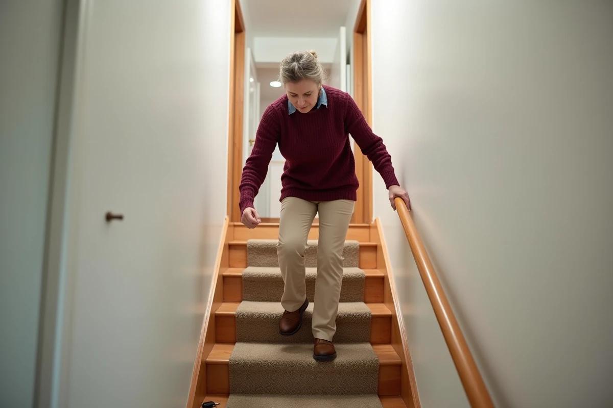 Femme descendant prudemment un escalier en bois traité au WD-40 en tenant la rampe