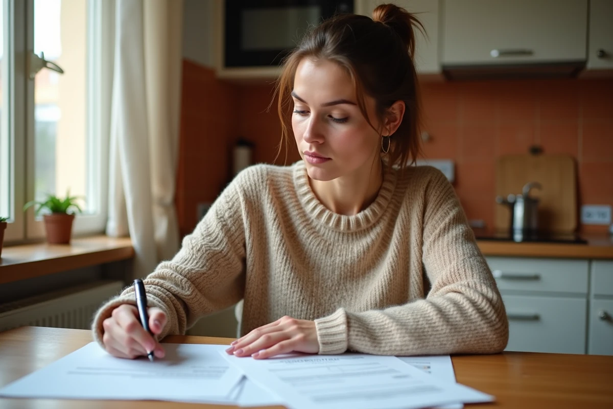 Femme consultant des documents administratifs dans une cuisine d'appartement français pour comprendre la notion de foyer fiscal