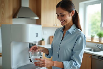 Femme versant de l'eau dans un verre avec un purificateur moderne