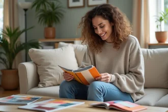 Femme souriante compare des échantillons de tissus dans un salon