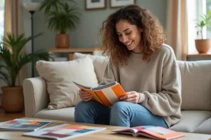 Femme souriante compare des échantillons de tissus dans un salon