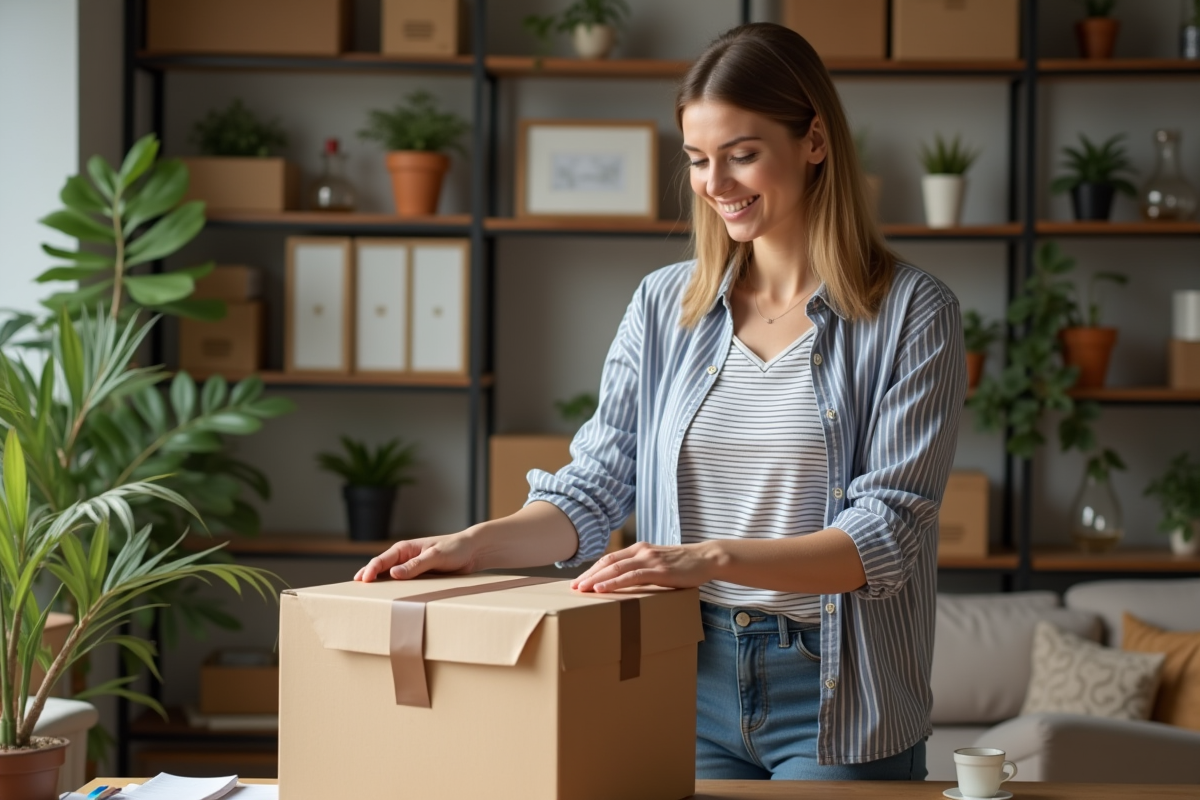 Femme emballant un colis avec du papier kraft dans un espace organisé