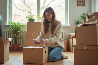 Jeune femme emballant une boîte dans un appartement lumineux