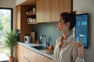 Femme gérant sa maison connectée via une tablette avec l'interface Home Bubble dans une cuisine moderne