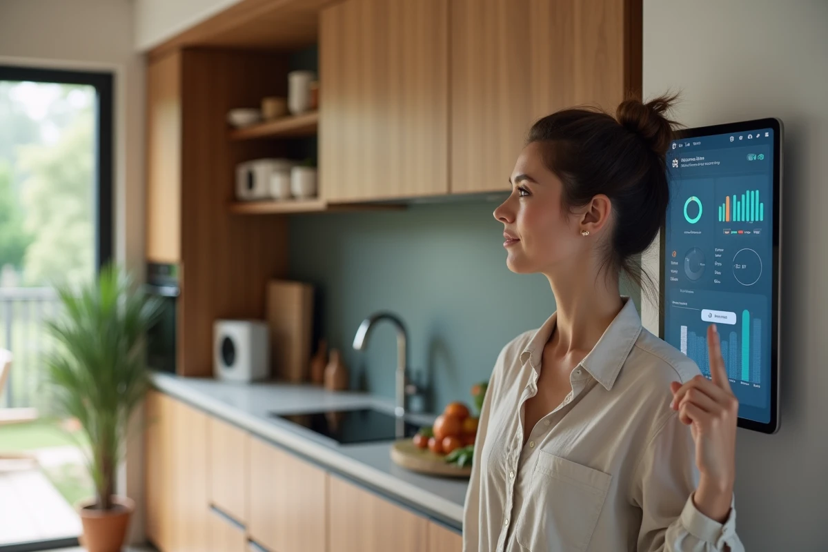 Femme gérant sa maison connectée via une tablette avec l'interface Home Bubble dans une cuisine moderne