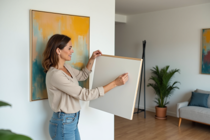 Femme accrochant une peinture abstraite dans un salon moderne