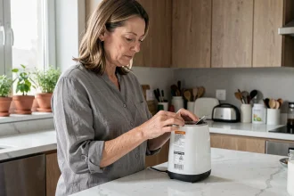 Femme inspectant un appareil électroménager de marque Elsay dans une cuisine moderne pour évaluer sa qualité