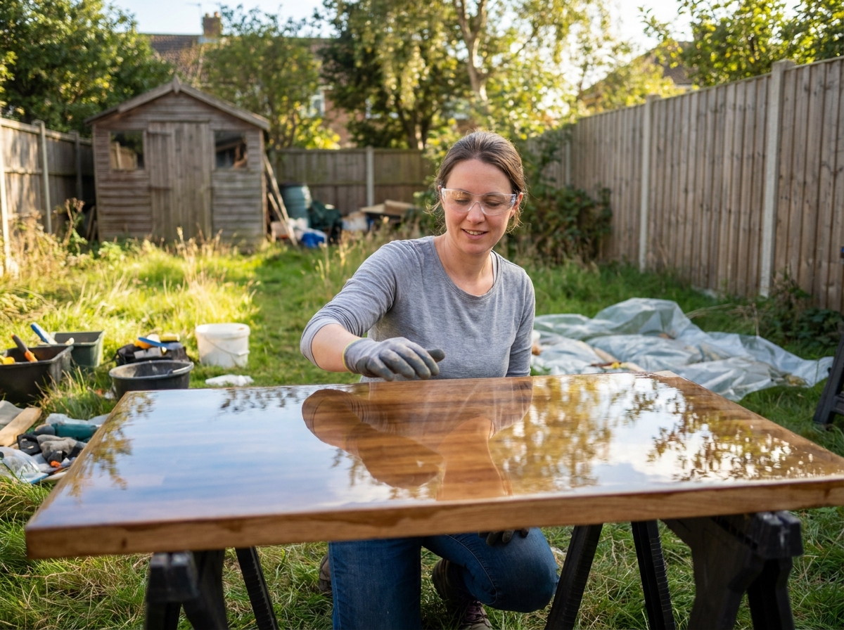 Femme inspectant une table en bois recouverte de résine polyuréthane dans un jardin résidentiel