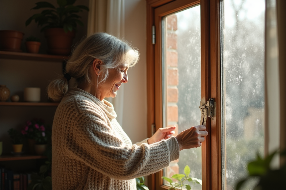 Femme appliquant joint d'isolation sur une fenêtre ancienne