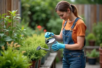 Femme en jardinage versant de l'eau dans un arrosoir