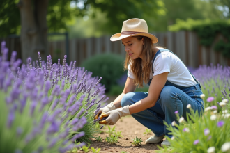 Femme jardinant dans un champ de lavande en plein air