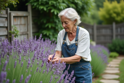 Femme en jardinage taillant la lavande dans un jardin verdoyant
