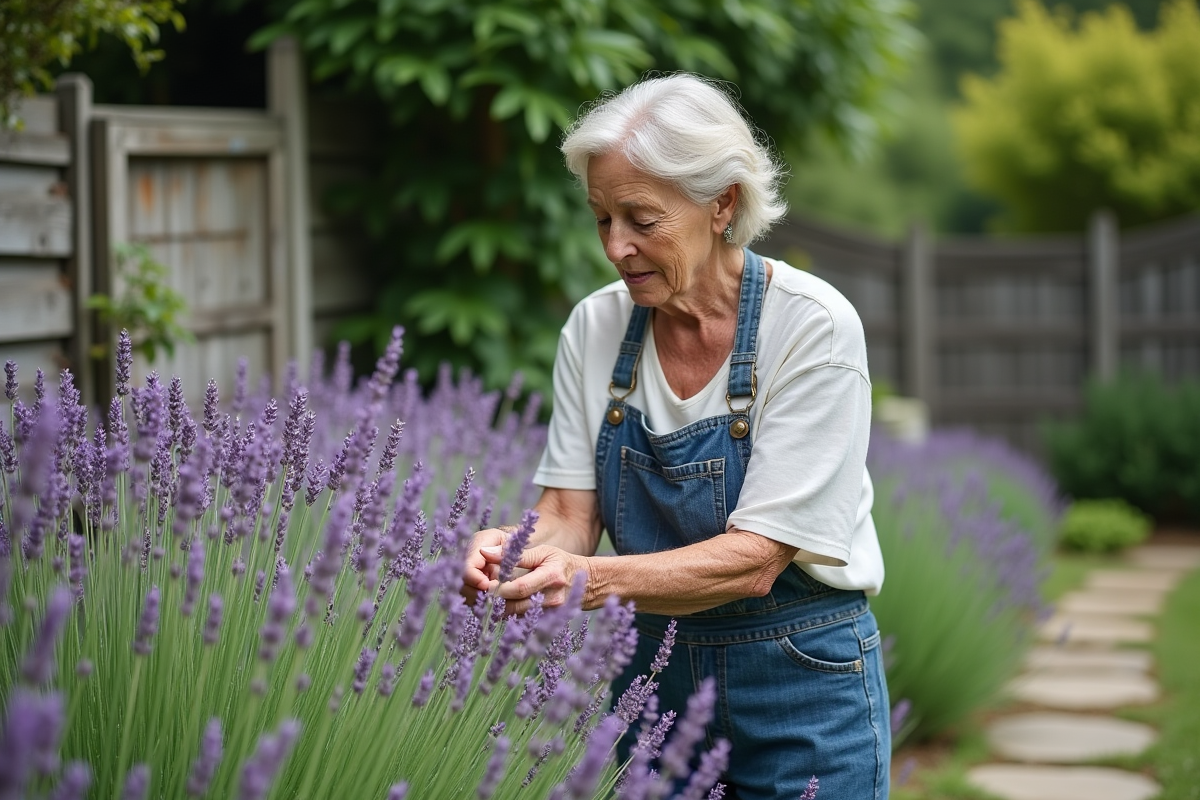 Femme en jardinage taillant la lavande dans un jardin verdoyant