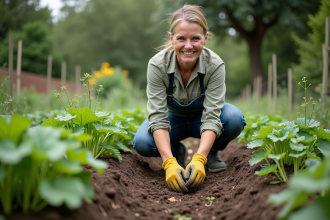 Femme plantant des semis dans un jardin permaculture