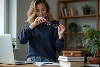 Femme en sweater bleu réfléchissant avec lunettes dans un bureau à domicile