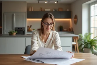 Femme examinant des plans de cuisine modernes à la maison