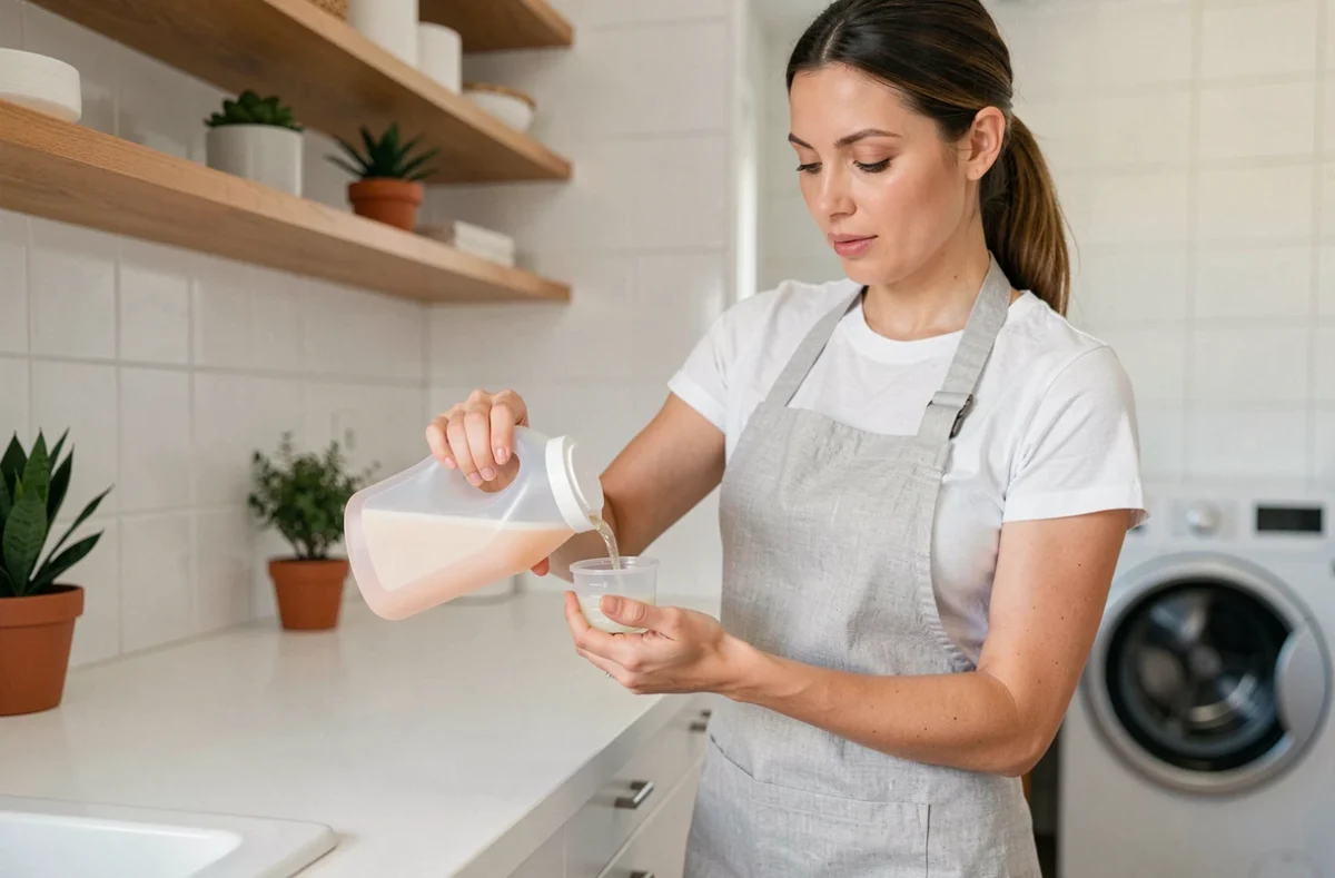 Femme versant une lessive liquide hypoallergénique dans un bonnet doseur dans une buanderie moderne et épurée