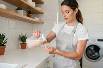 Femme versant une lessive liquide hypoallergénique dans un bonnet doseur dans une buanderie moderne et épurée