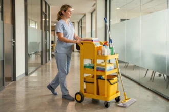 Femme de ménage professionnelle poussant un chariot de nettoyage jaune bien équipé dans un couloir de bureau moderne