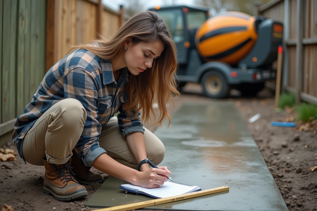 Jeune femme prenant des mesures sur une dalle de beton