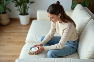Femme nettoyant un canapé en cuir blanc avec une éponge