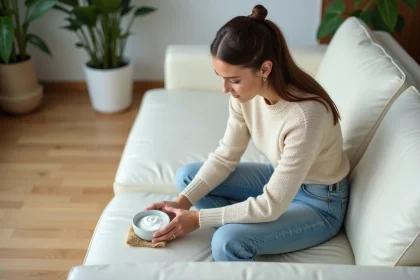 Femme nettoyant un canapé en cuir blanc avec une éponge