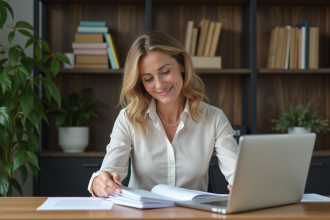Femme d age moyen souriante dans un bureau moderne