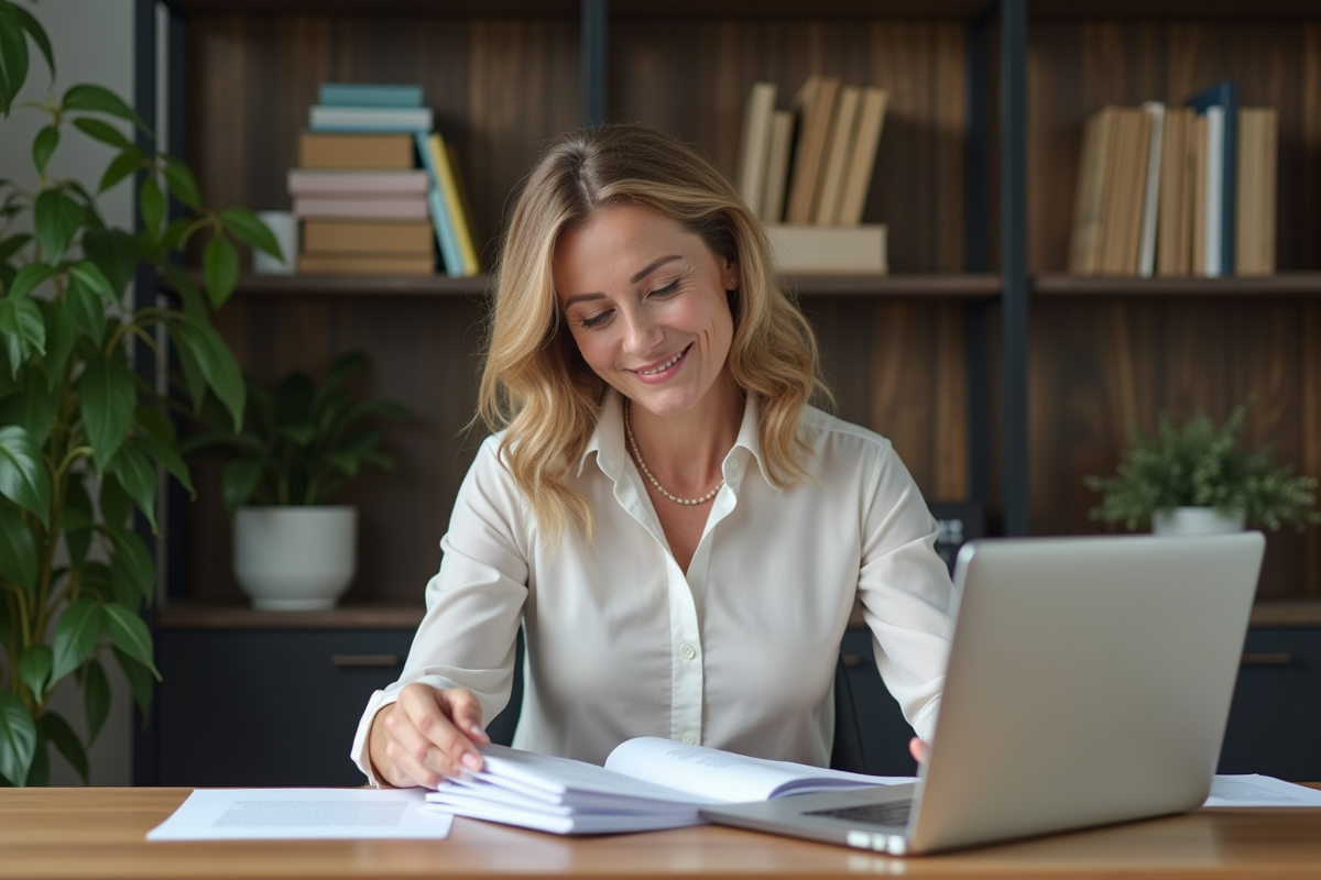 Femme d age moyen souriante dans un bureau moderne