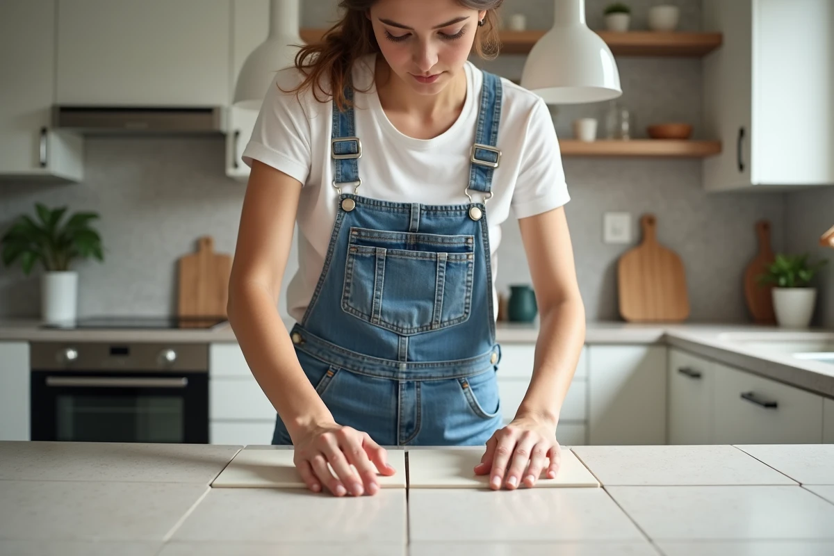 Femme posant des carreaux de céramique dans une cuisine lumineuse