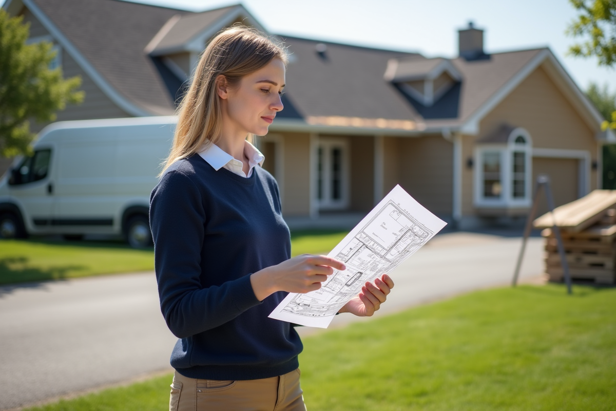 Jeune femme regardant plans de renovation