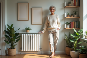 Femme calme près d'un radiateur moderne dans un salon lumineux