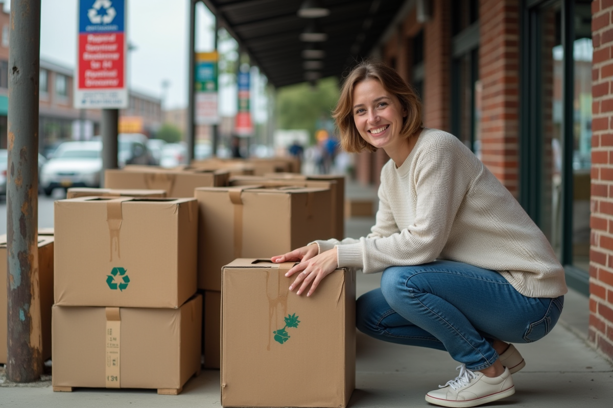 Jeune femme sélectionnant des cartons recyclables dans une zone extérieure