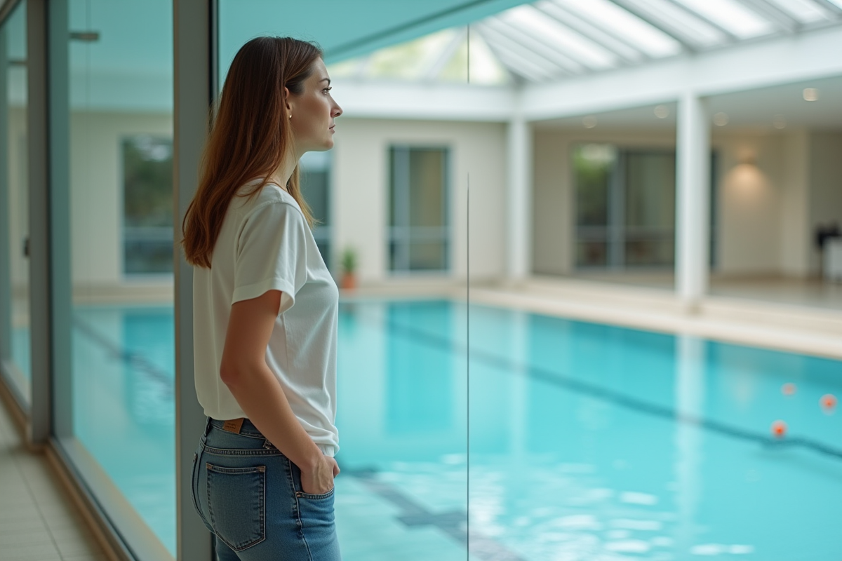 Femme regardant la piscine intérieure par la fenêtre